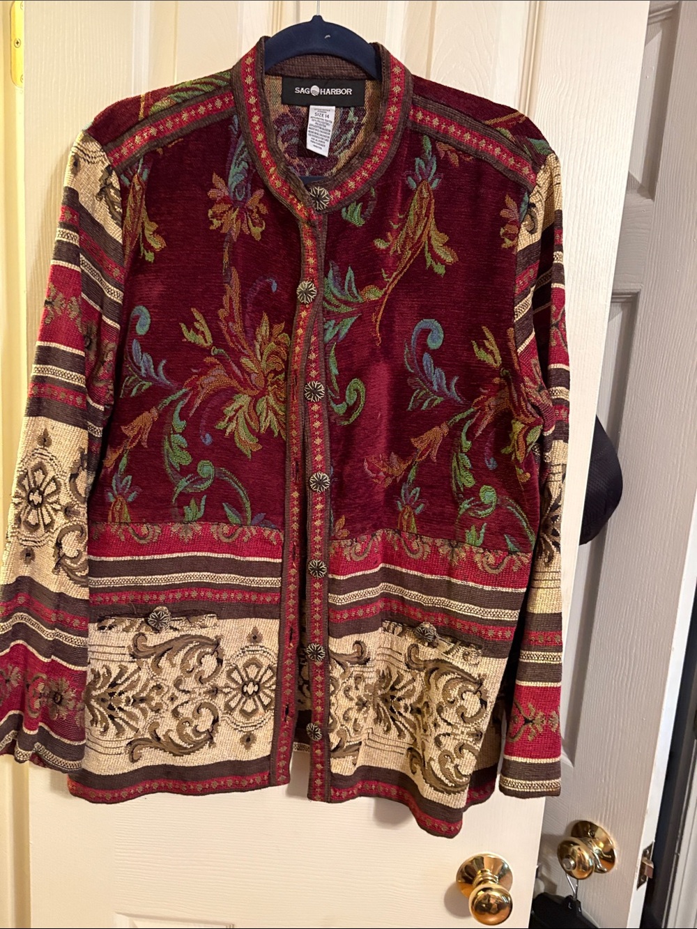 Sag Harbor Women's Burgundy Floral-Trim Button Front Jacket